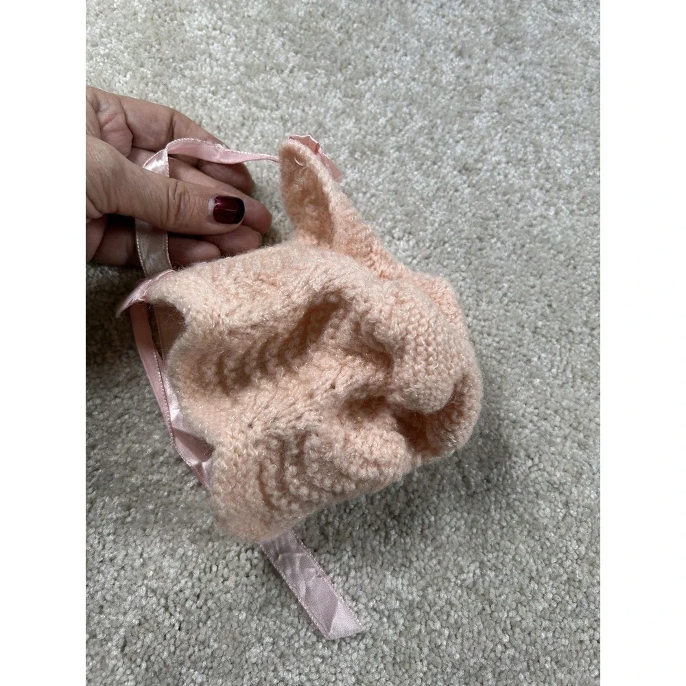 Vintage Hand Knit Baby Bonnet Pink Soft Acrylic Satin Ribbon 90s Girl Infant Hat
